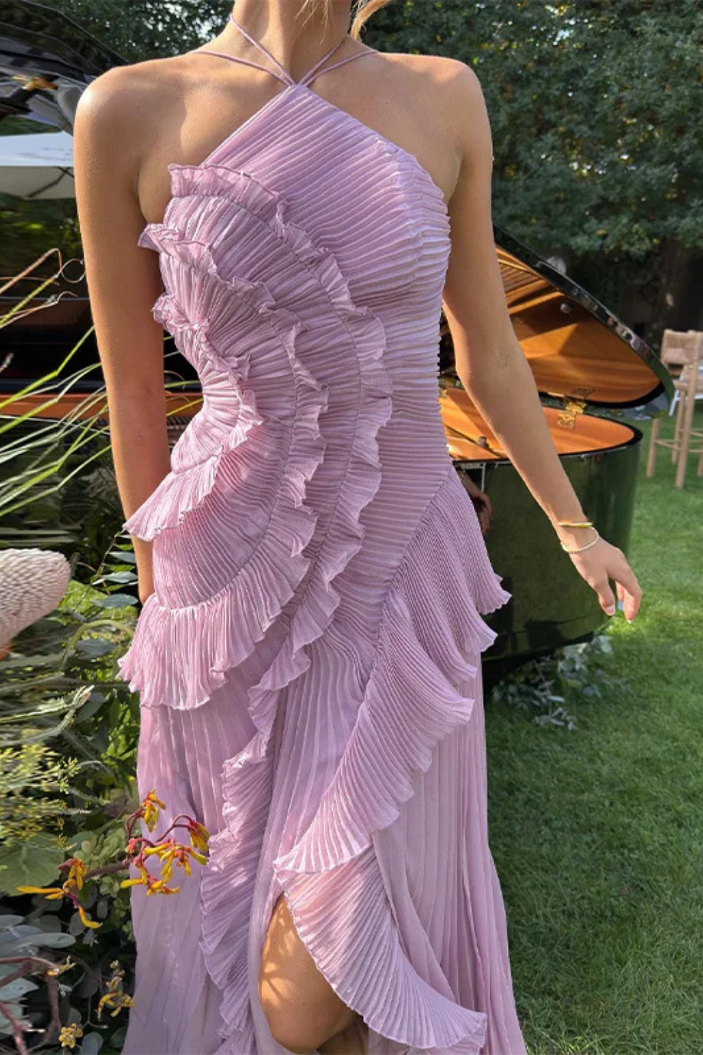 Halter Backless Ruffled Maxi Dress – Asymmetric Hem | Women