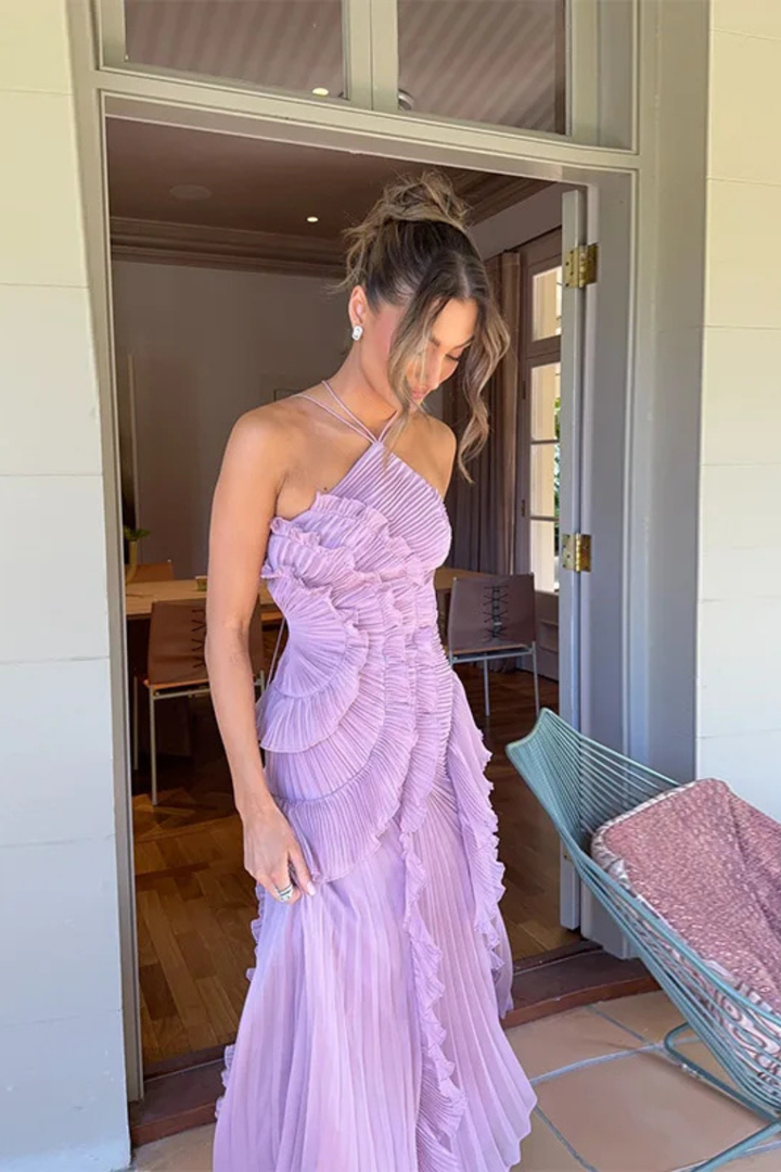 Halter Backless Ruffled Maxi Dress – Asymmetric Hem | Women