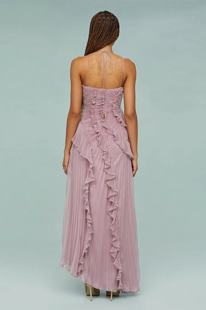 Halter Backless Ruffled Maxi Dress – Asymmetric Hem | Women