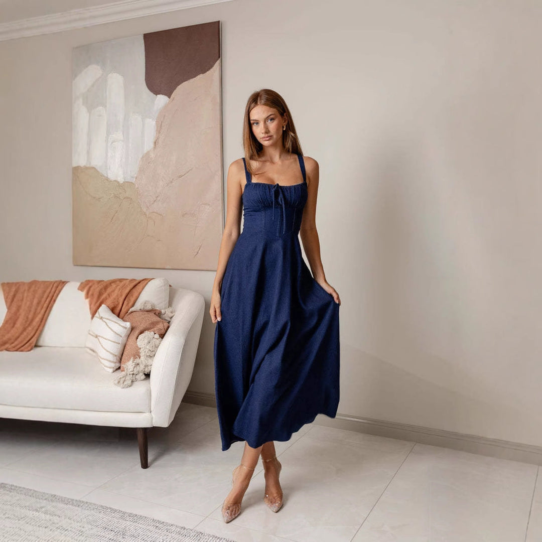 Women's Denim Corset Midi Dress – Square Neck A-Line Tie Front