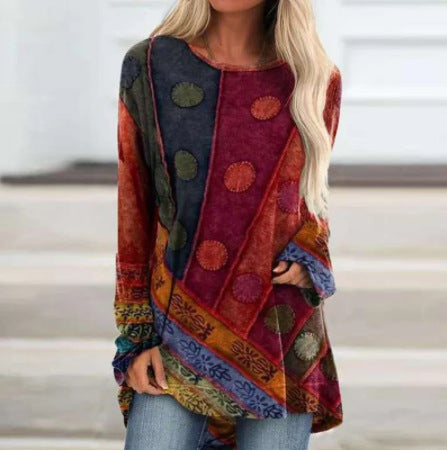 Boho Long Sleeve Oversized Top – Ethno Patchwork Print