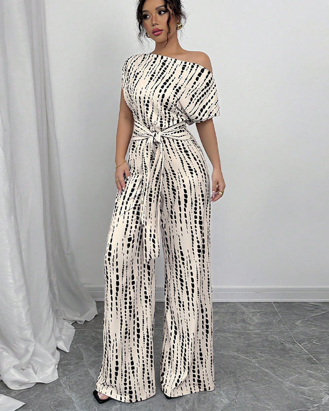 One-Shoulder Jumpsuit – Wide Leg Abstract Print for Women