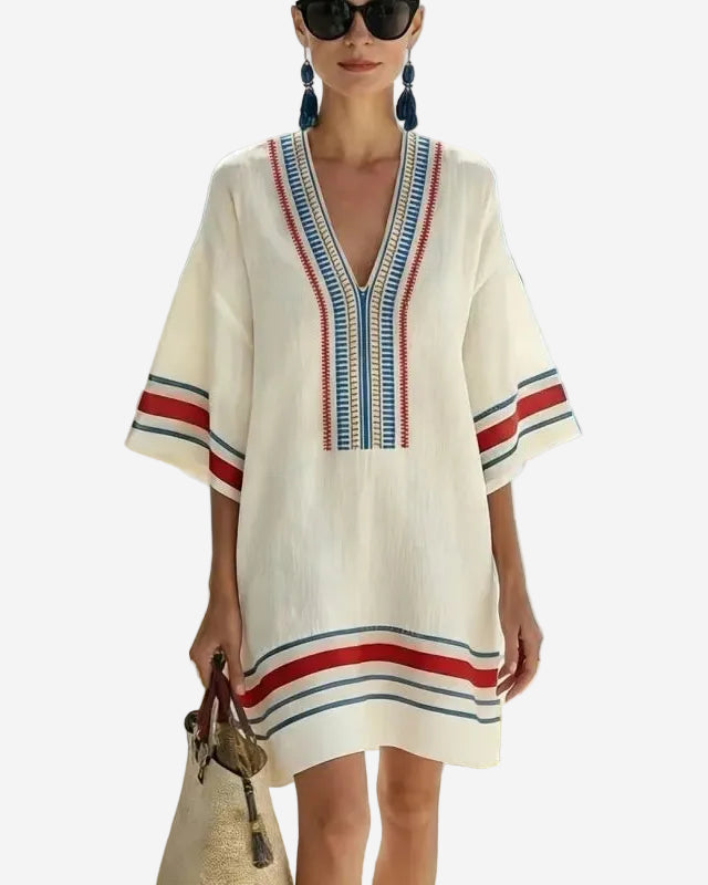 Women's Printed Kaftan Mini Dress – V-Neck Wide Sleeve