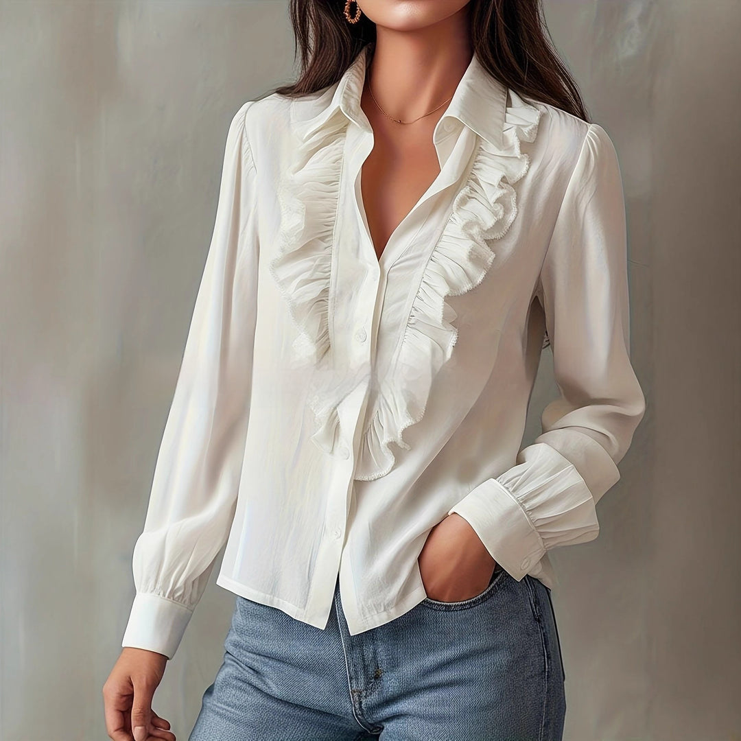 Women's Long Sleeve Ruffle Front Button-Up Shirt – Collared