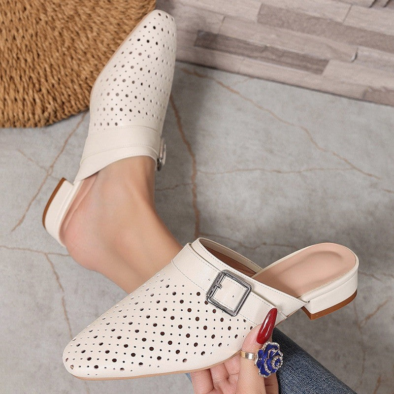 Women's Leather Mules Closed Toe – Single Buckle Strap Rubber Sole