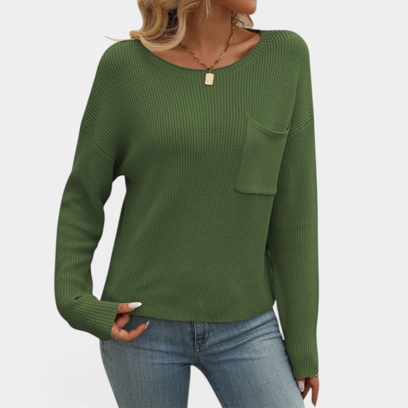Women's Knit Sweater – Ribbed Knit Crew Neck Relaxed Fit Chest Pocket