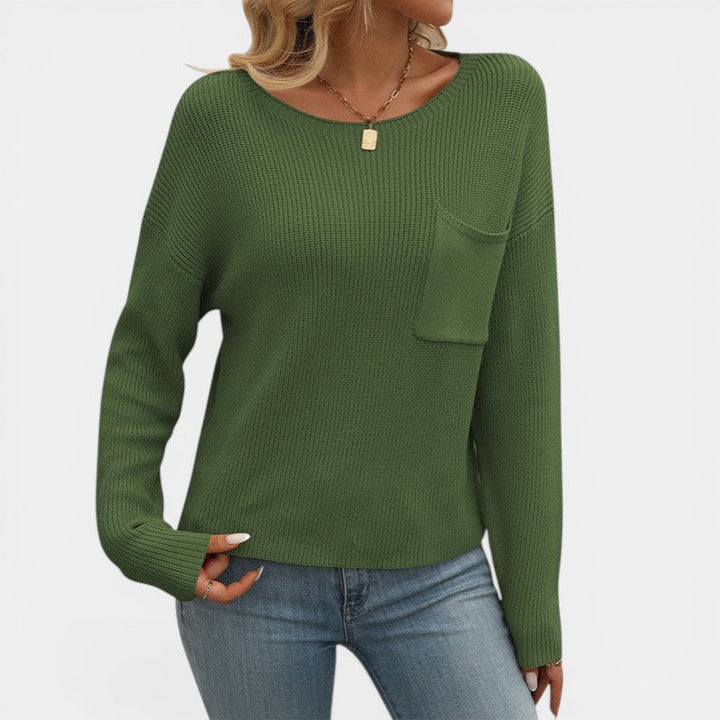 Women's Knit Sweater – Ribbed Knit Crew Neck Relaxed Fit Chest Pocket