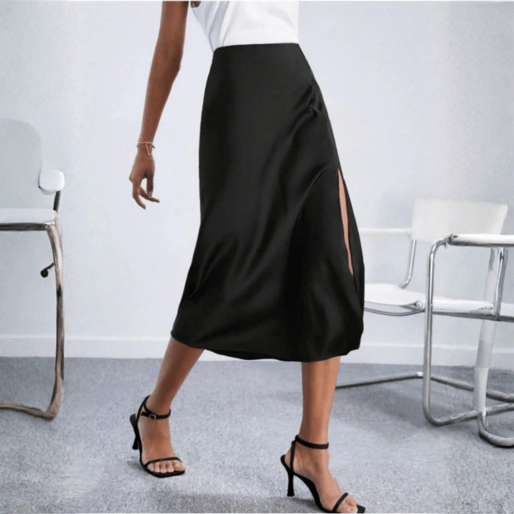 Women's Midi Skirt with Side Slit – High-Waisted Flowy Elegant