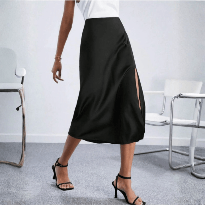 Women's Midi Skirt with Side Slit – High-Waisted Flowy Elegant