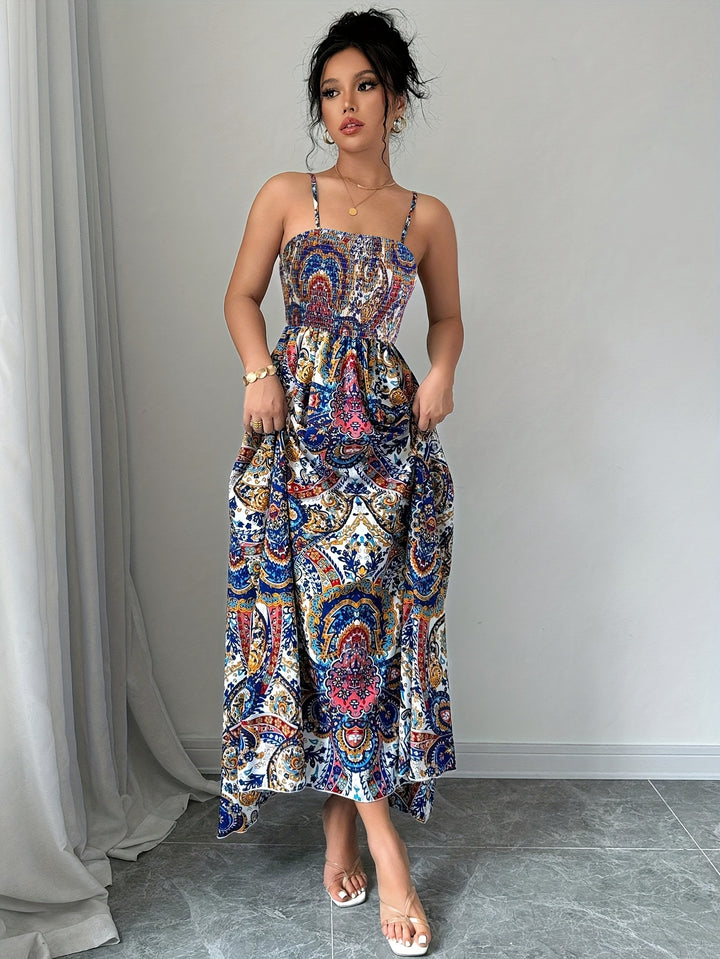 Floral Maxi Dress – Smocked Bustier Adjustable Straps Boho
