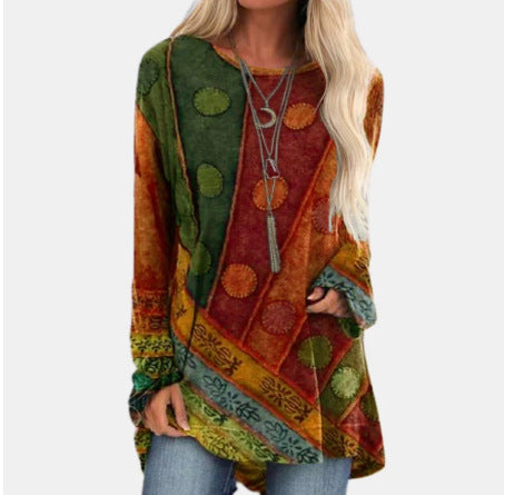Boho Long Sleeve Oversized Top – Ethno Patchwork Print