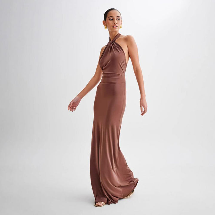 Satin Halter Maxi Gown – Open Back Ruched Waist Dress