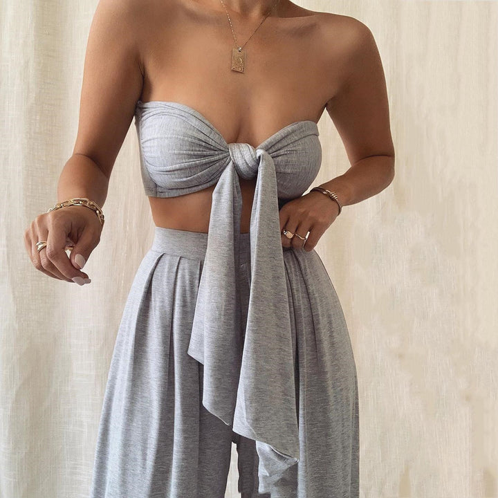 Two Piece Set Women – Strapless Pure Color Top & Pants Suit