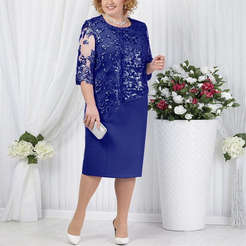Women's Midi Dress | Lace Faux Two-Piece Relaxed Fit
