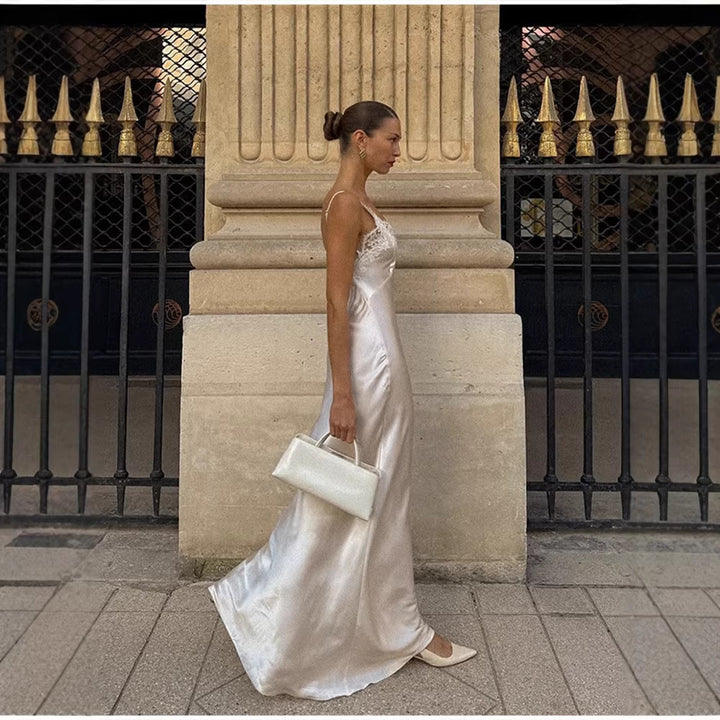 Satin Maxi Dress with Lace Accents – Women's Flowy Long Dress