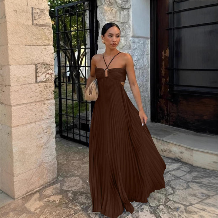 Women's Halter Backless Pleated Maxi Dress – Open Back