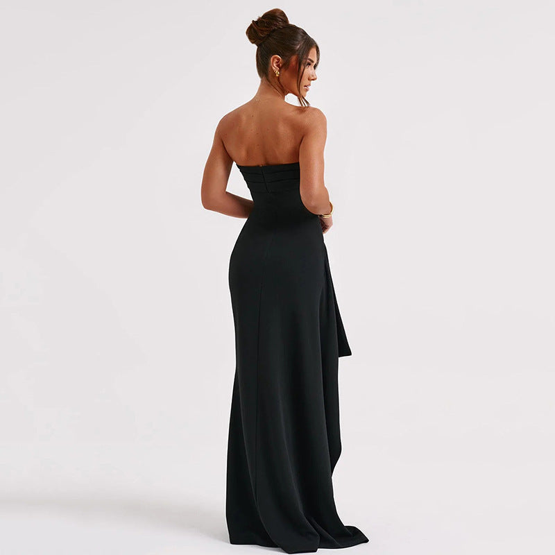 Strapless Maxi Dress Bustier Ruched Front – High Slit Formal Evening