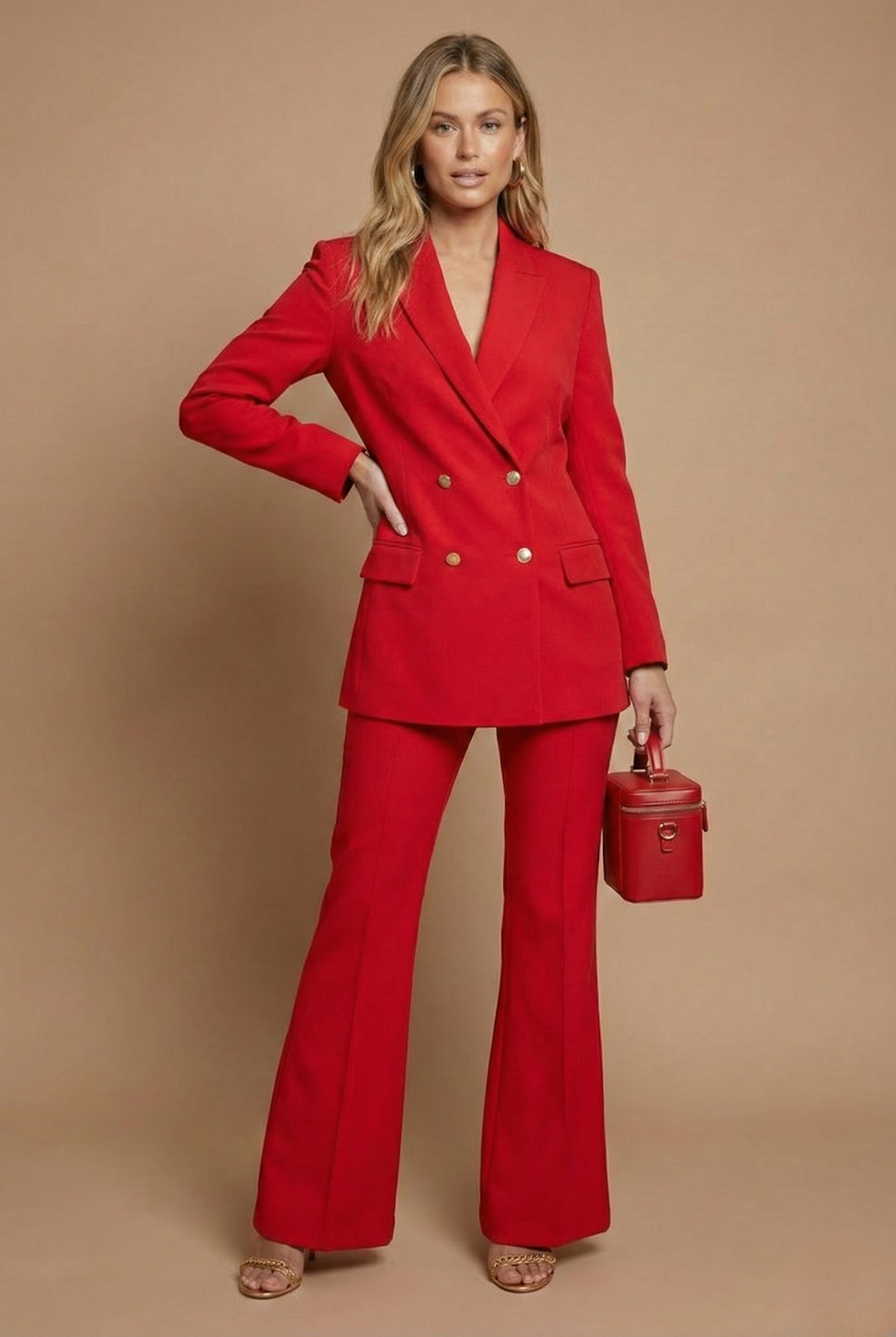Women's Double-Breasted Longline Blazer Flared Trousers – Suit Co-Ord