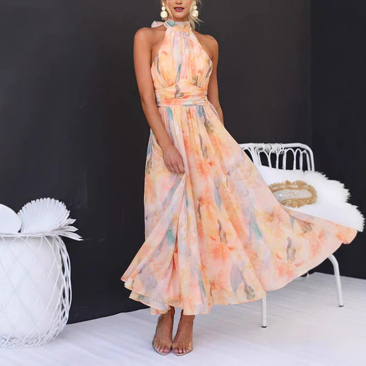 Women's Watercolour Print Halter Maxi Dress – Ruched Wrap Waist