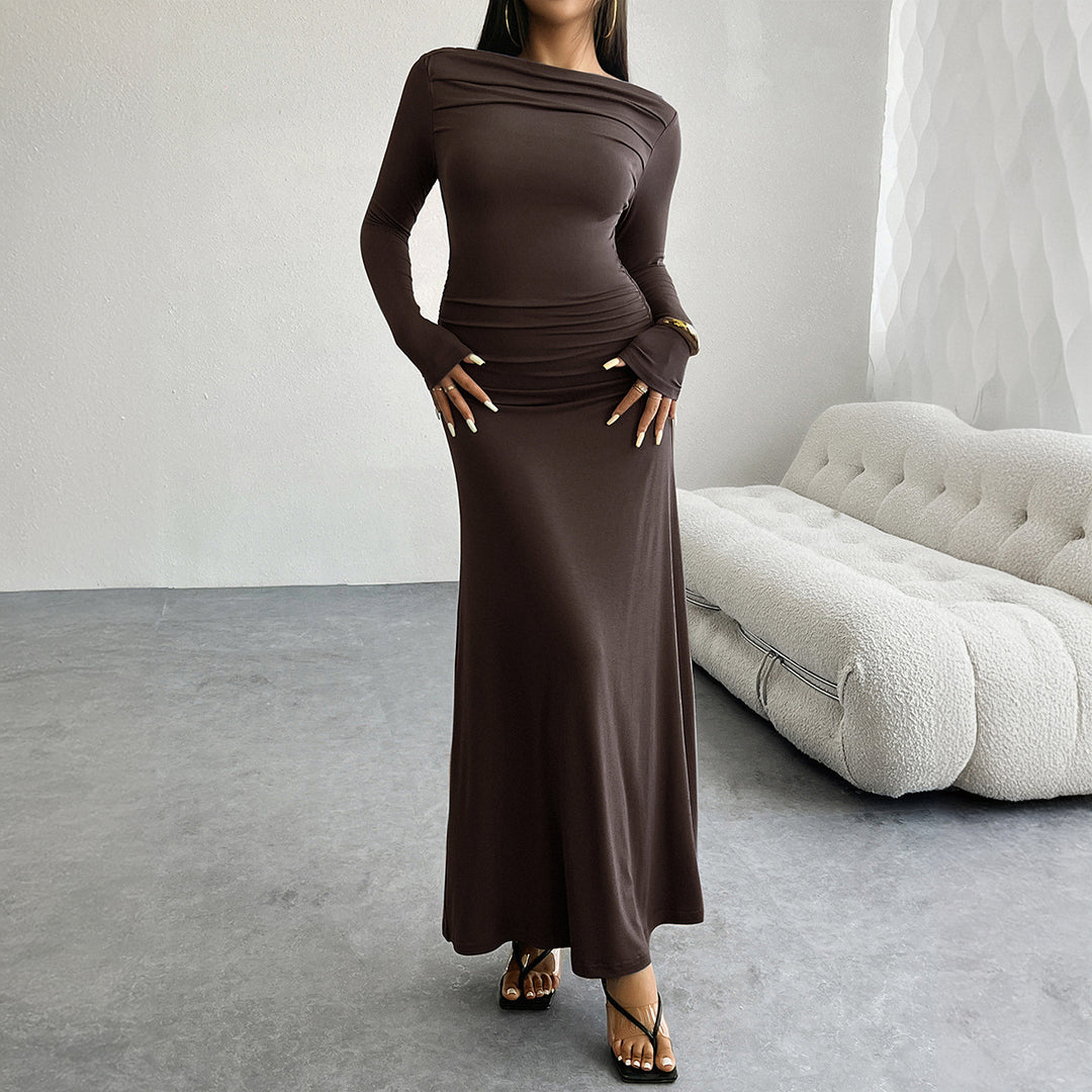 Women's Ruched Maxi Dress – Long Sleeve Fluted Drop Waist