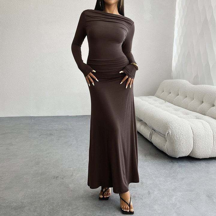 Women's Ruched Maxi Dress – Long Sleeve Fluted Drop Waist