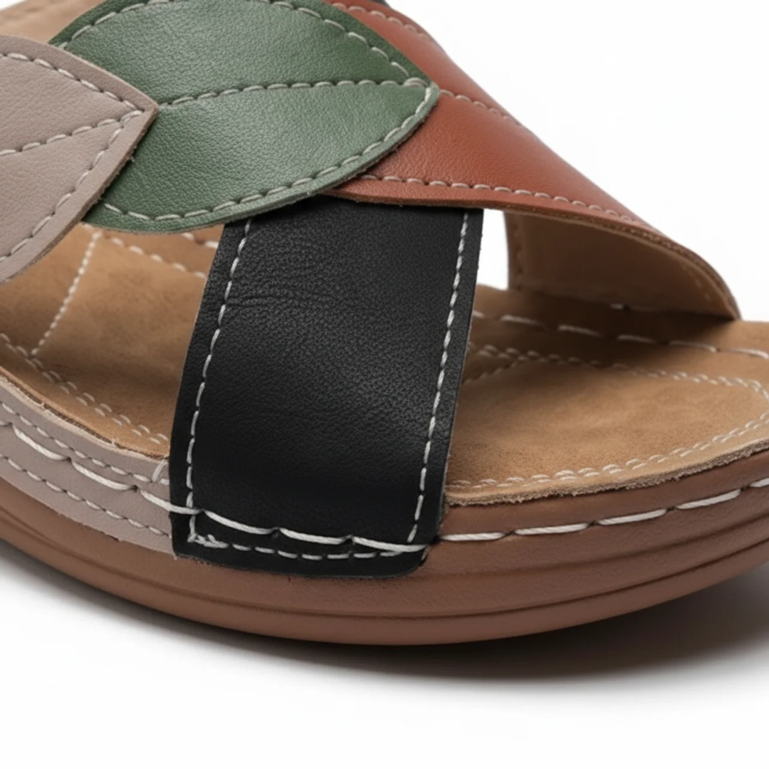 Women's Wedge Slide Sandals – Leaf Print Crossover Strap