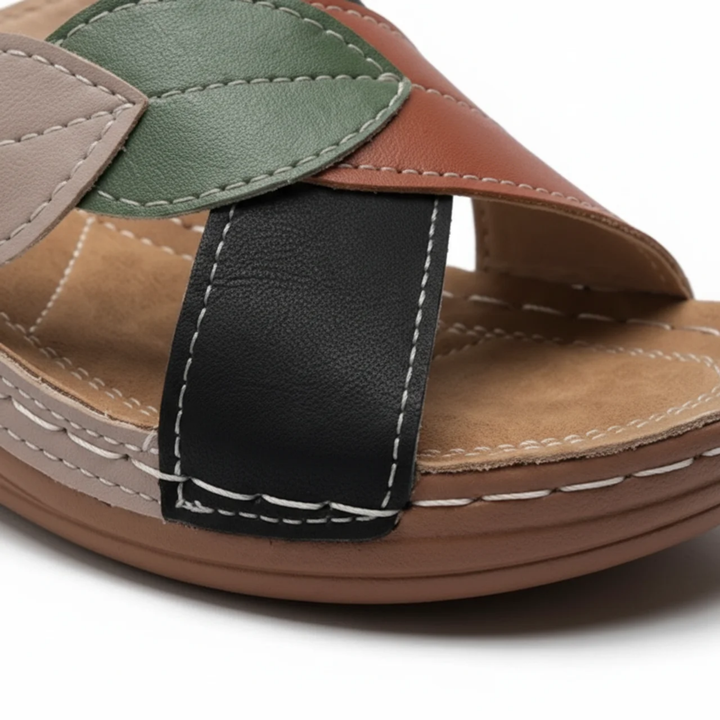 Women's Wedge Slide Sandals – Leaf Print Crossover Strap