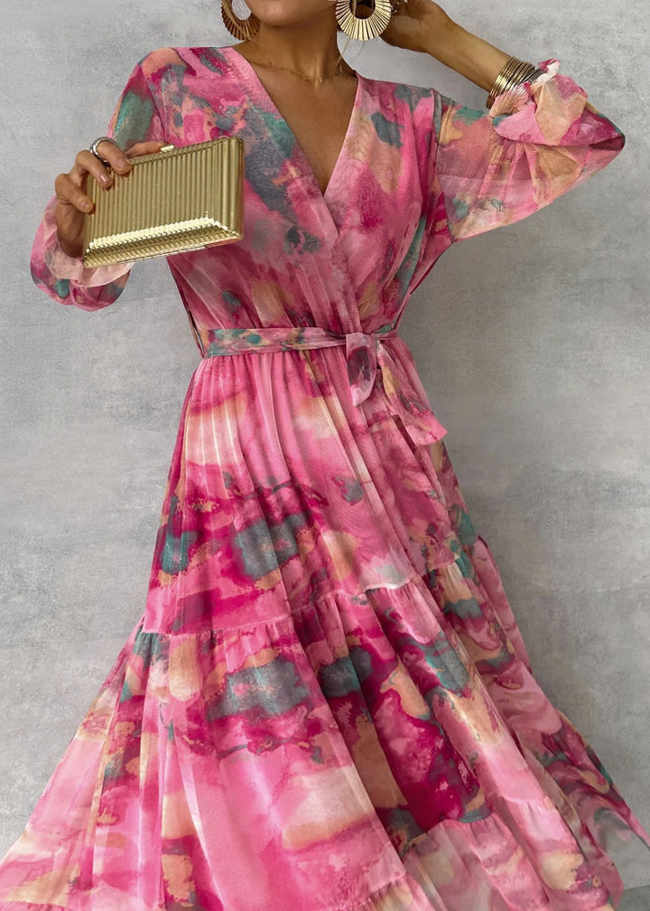 Women's Abstract Floral Wrap Maxi Dress – Tiered Long Sleeve