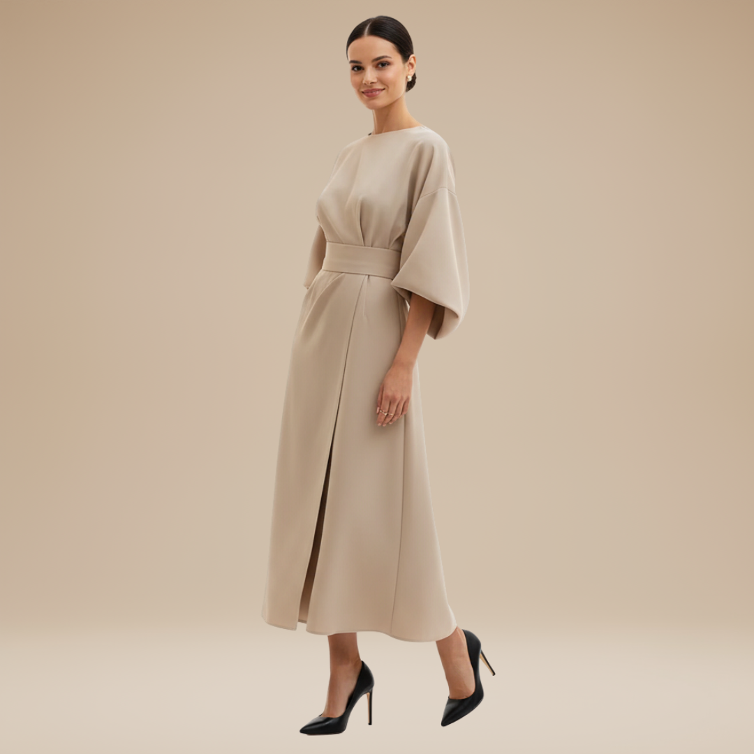 Women's Belted Wrap Midi Dress – Wide Flowing Sleeves Draped Waist