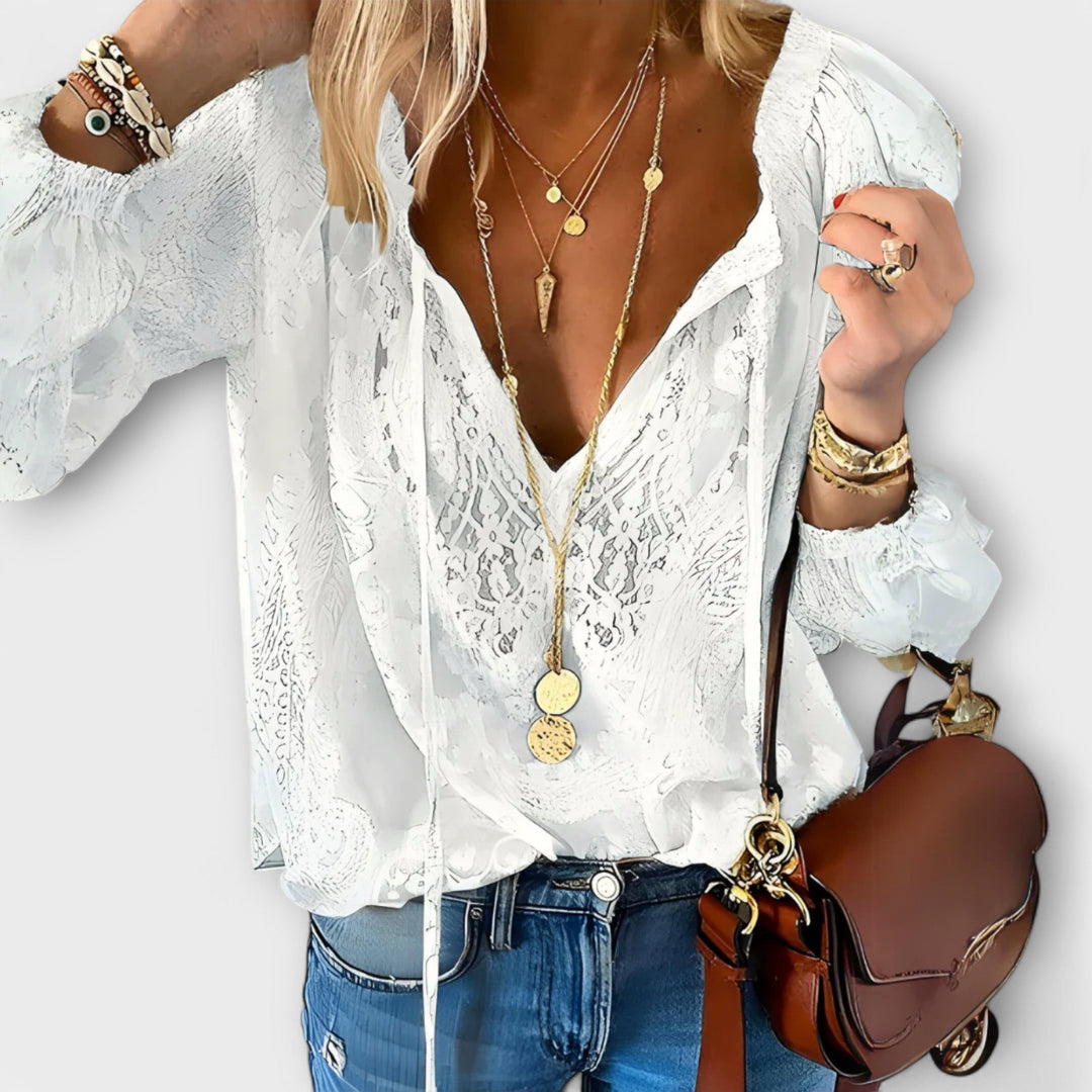Women's Boho V-Neck Long Sleeve Top – Relaxed Delicate Texture Summer