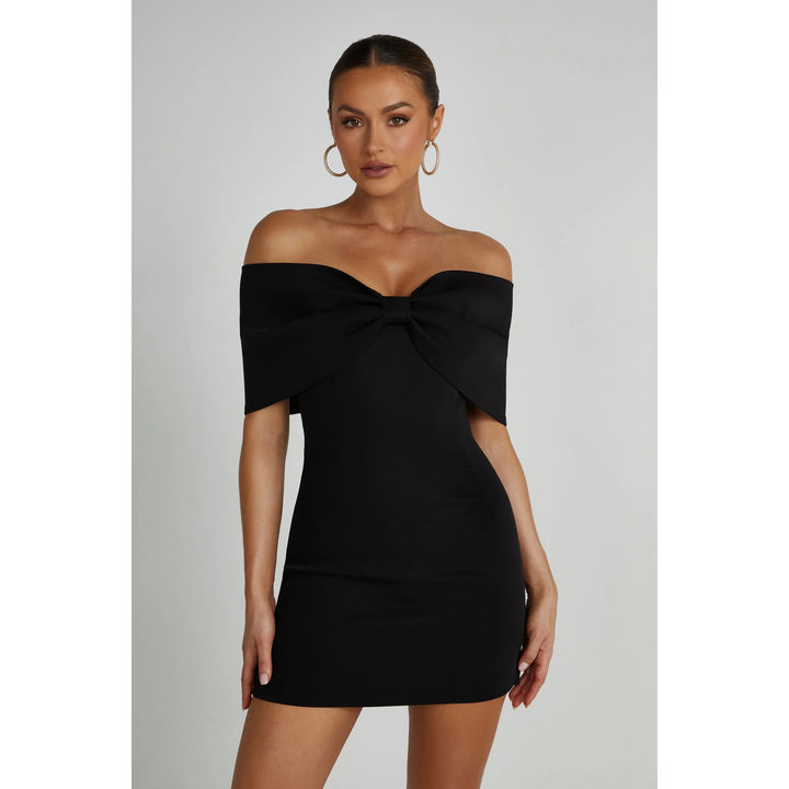 Women's Off-Shoulder Fitted Mini Dress – Front Bow Detail