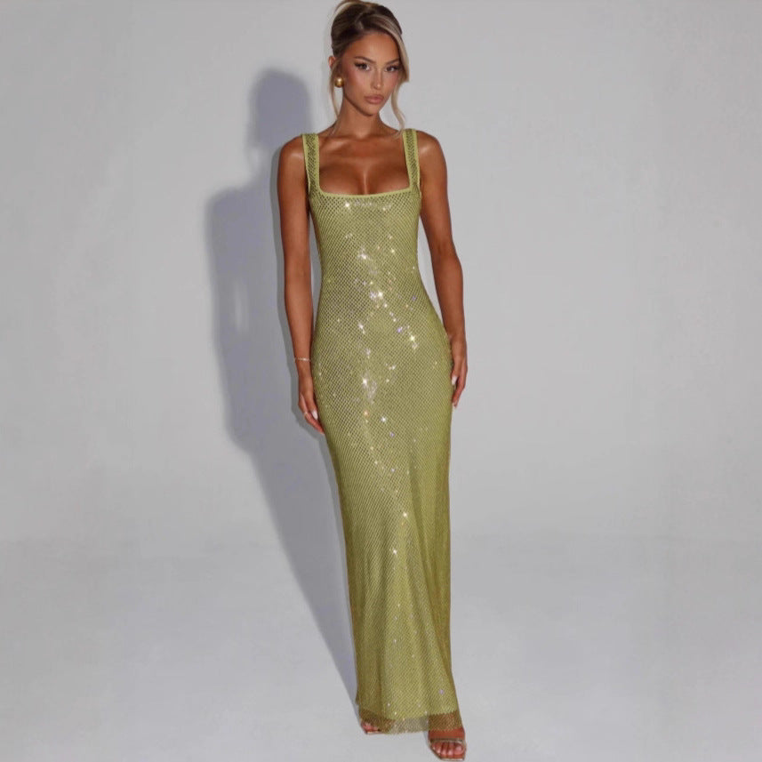 Sequin Maxi Dress – Open Back Square Neck Formal Gown
