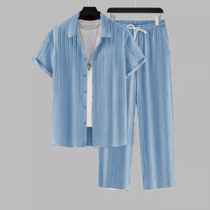 Men's Two Piece Set – Textured Stripe Shirt & Drawstring Trousers