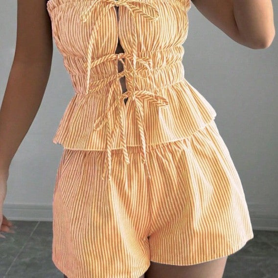 Women's Ruffle Top High-Waist Shorts Set – Breathable Summer Co-Ord