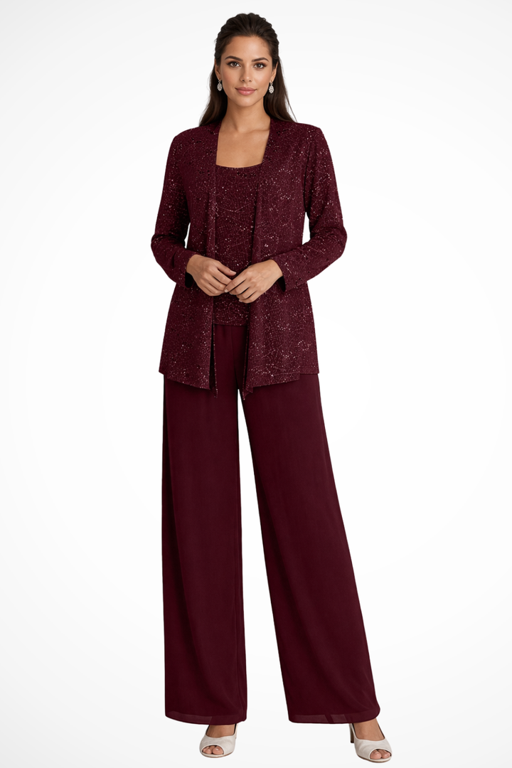 Sequin Lace Three-Piece Suit – Women's Wide Leg Trouser Set