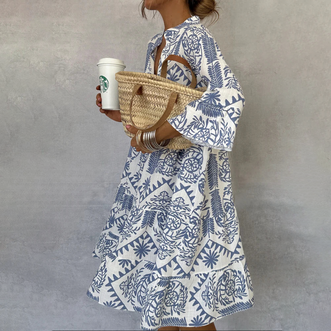 Women's Boho Patterned Long Sleeve Mini Dress – V-Neck Airy Summer