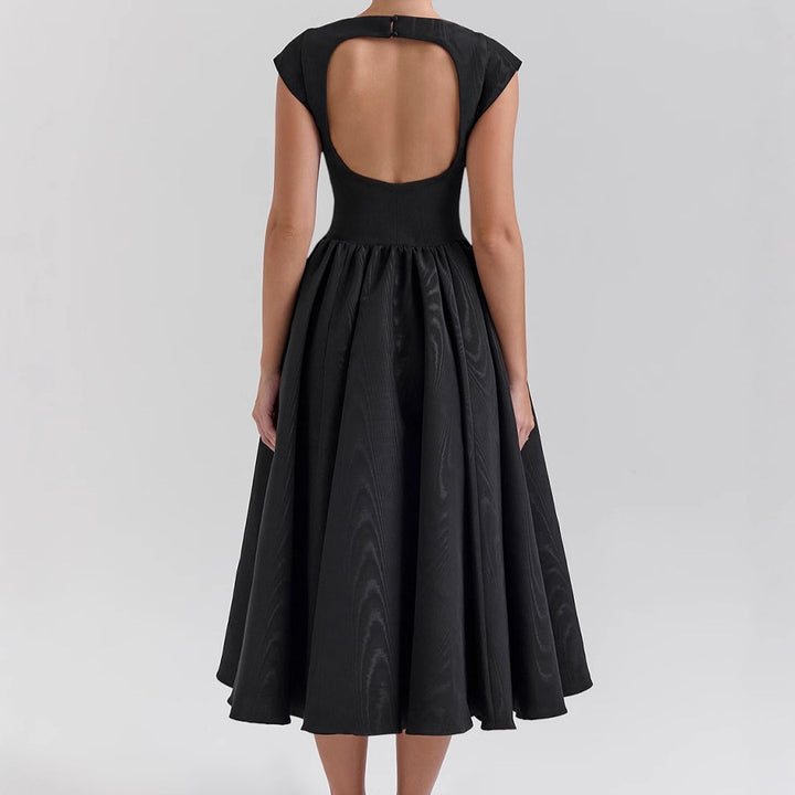Open Back Midi Dress – Backless Fitted Waist & Flowing Skirt