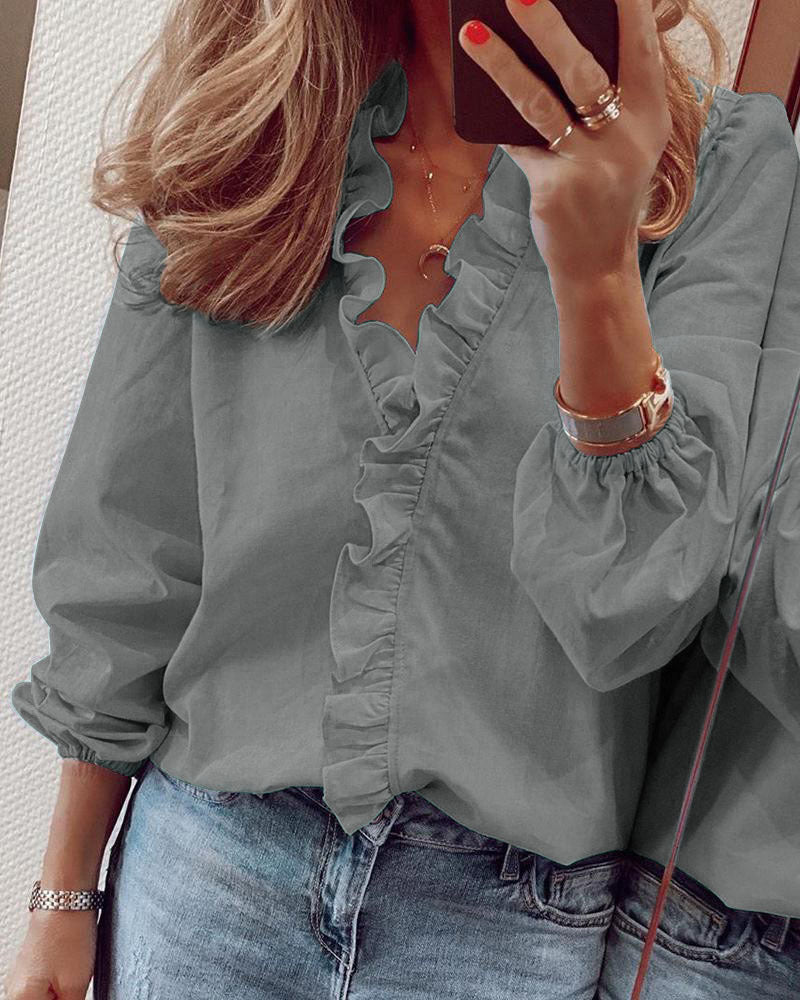 Women's Ruffle Front V-Neck Blouse Long Sleeve – Relaxed Elegant