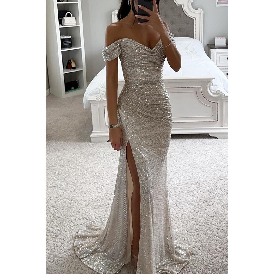 Sequin Maxi Dress – Off-Shoulder High Slit Gala Gown