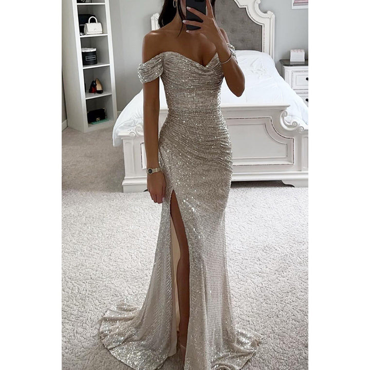 Sequin Maxi Dress – Off-Shoulder High Slit Gala Gown