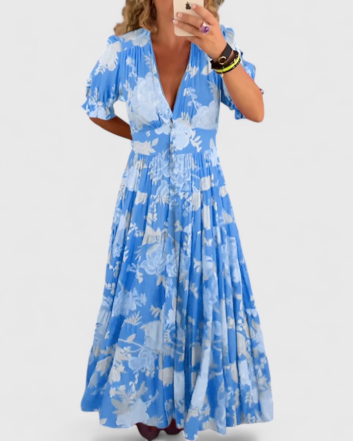 Women's Maxi Dress with Pockets – V-Neck Tiered Skirt