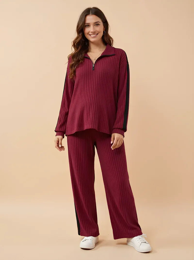 Maternity Two Piece Set – Ribbed Knit Zip Collar & Straight-Leg