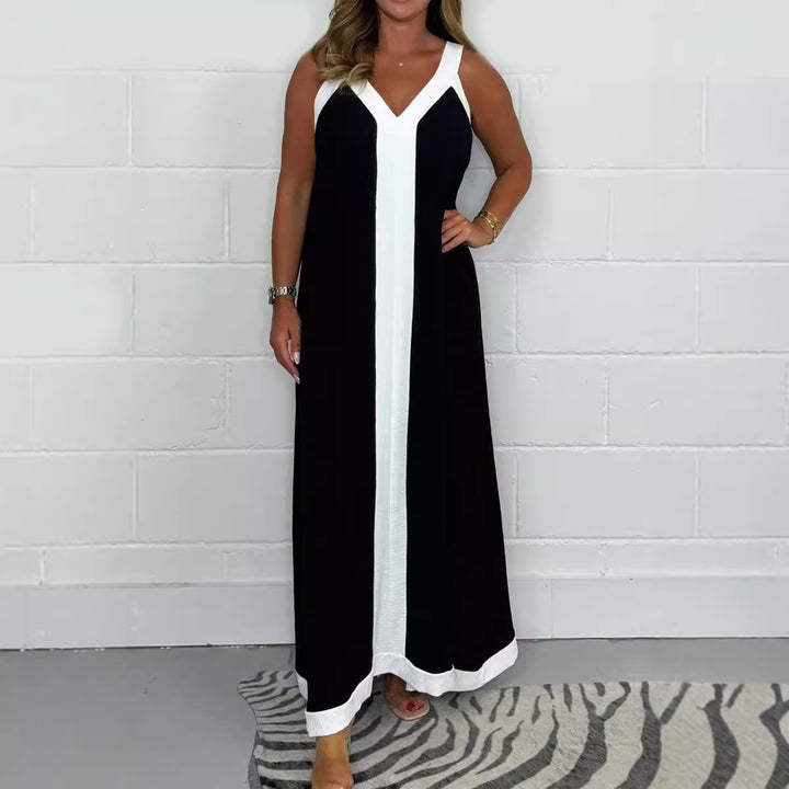 Women's Colorblock Maxi Dress – V-Neck, Contrast Stripe & Slit