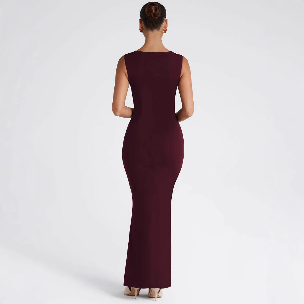 Women's Slim Fit Square Neck Sleeveless Maxi Dress – Bodycon Hip-Wrap