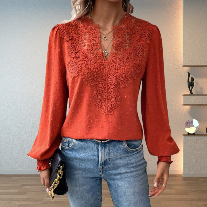 Embroidered V-Neck Blouse – Women's Gathered Sleeve Top