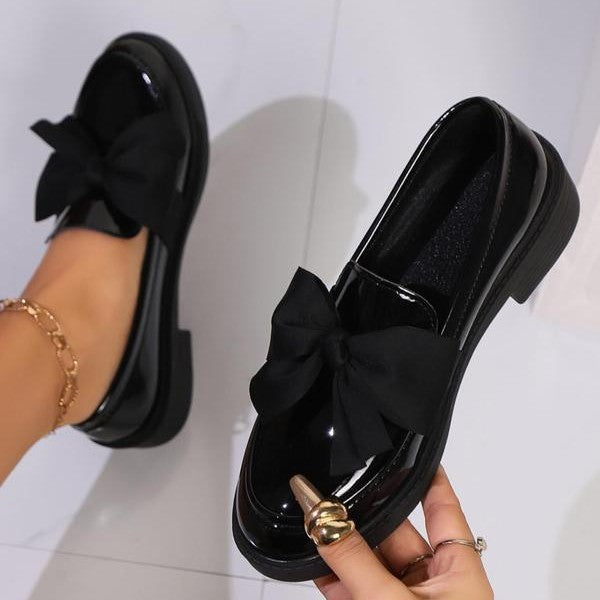Women's Glossy Leather Bow Loafers – Moc-Toe Slip-On Platform Outsole