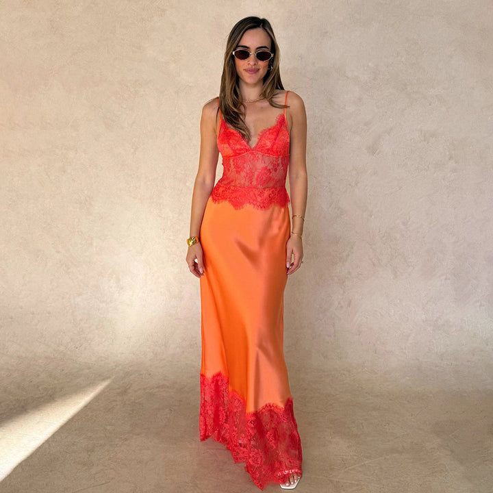Women's Satin Two-Piece Set – Lace Crop Top & Maxi Skirt