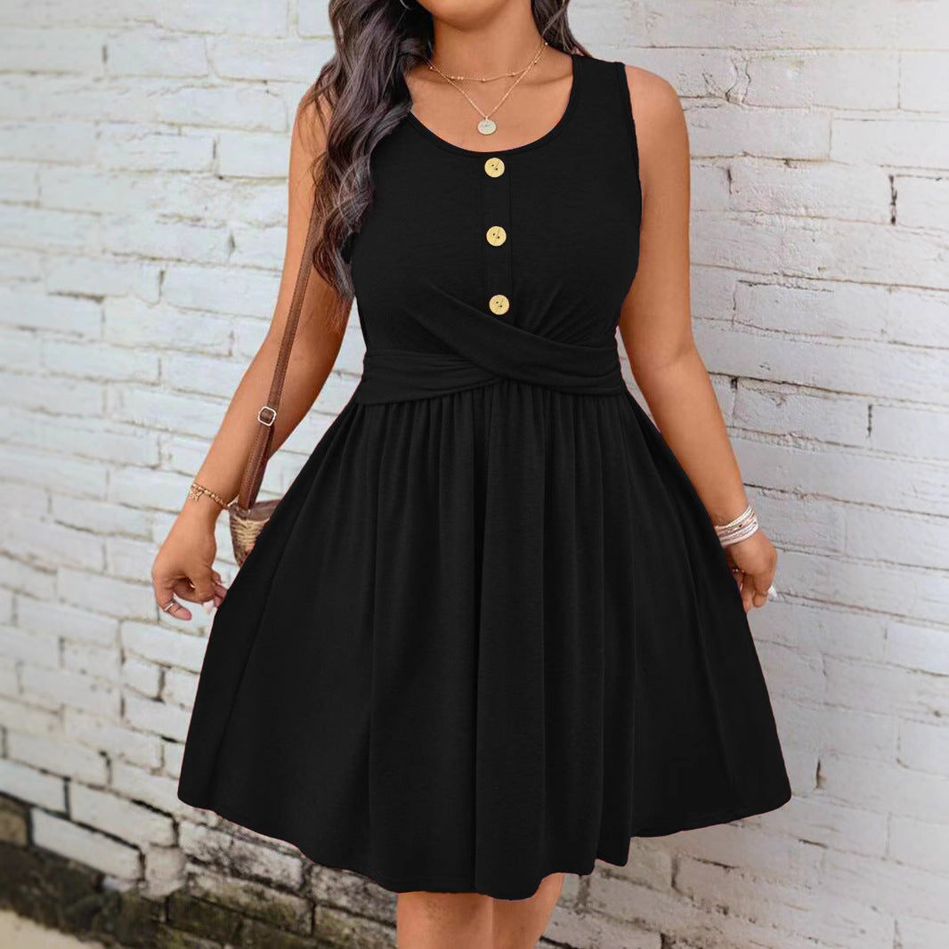 Women's Midi Dress – Flowy V-Neck Empire Waist Button Detail