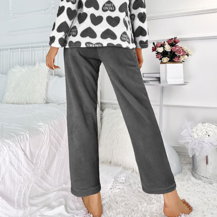 Fleece Pajama Set for Women – Long Sleeve Heart Print Lounge