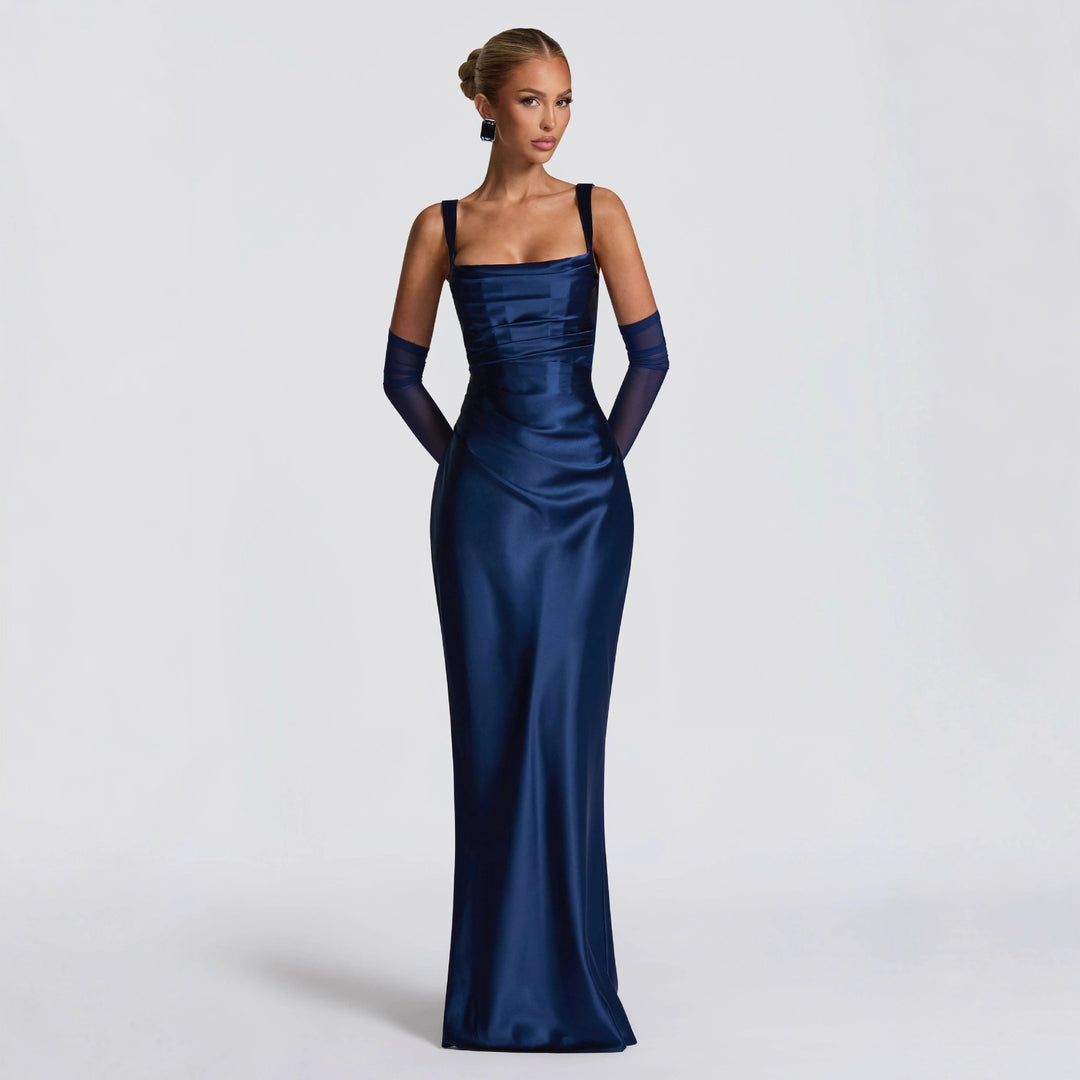 Satin Maxi Dress – Draped Waist Elegant Fit for Women